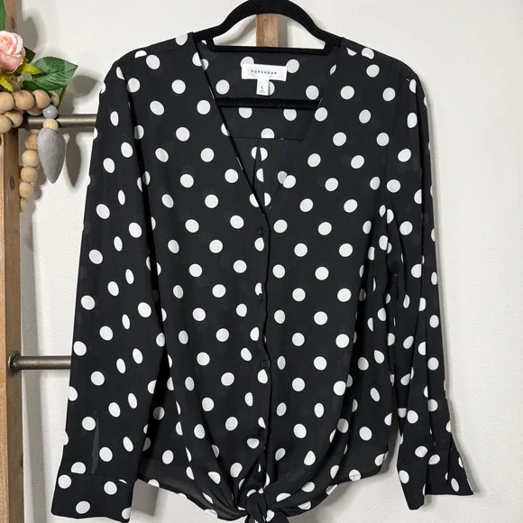 Popsugar Black White Polka Dot V Neck Tie Front Long Sleeve Blouse Size Large - Picture 3 of 10